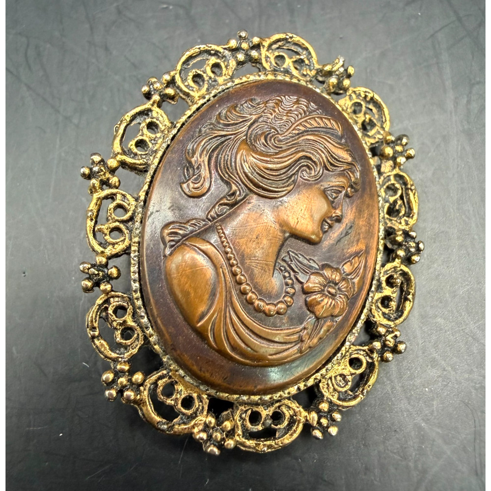 Vintage Cameo Brooch Brown Lady Portrait Gold Tone Filigree Frame Victorian